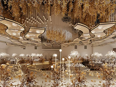 Luxurious Banquet Hall Interior With Golden Chandeliers Decorative Leaves And White Flowers 3d model