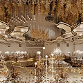 Luxurious Banquet Hall Interior With Golden Chandeliers Decorative Leaves And White Flowers