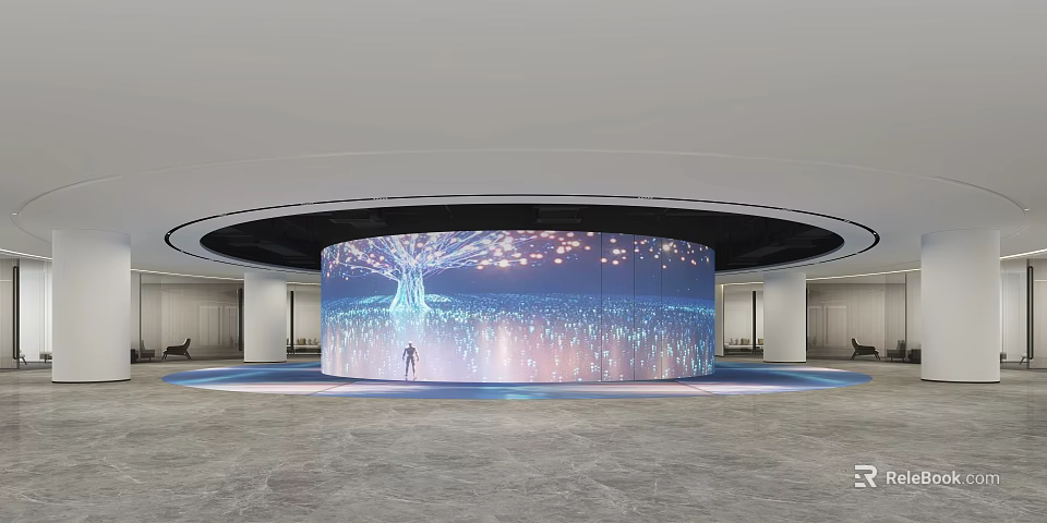Modern Exhibition Hall With Large Curved Screen Featuring Tree Shaped Glowing Lights And Starry Sky 3d model 
