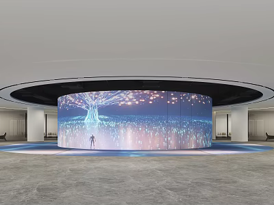 Modern Exhibition Hall With Large Curved Screen Featuring Tree Shaped Glowing Lights And Starry Sky 3d model