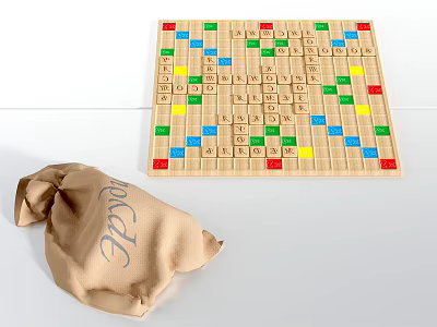 Scrabble Game Board With Colored Tiles And Canvas Storage Bag 3d model