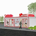 Hotel Public Lounge Area With Red White Exterior Glass Windows And Interior Seating
