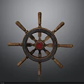 Classic Vintage Wooden Ship Wheel With Red Decorative Center And Spokes