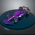 Purple F1 Race Car Model on Blue Circular Platform with Transparent Glossy Design
