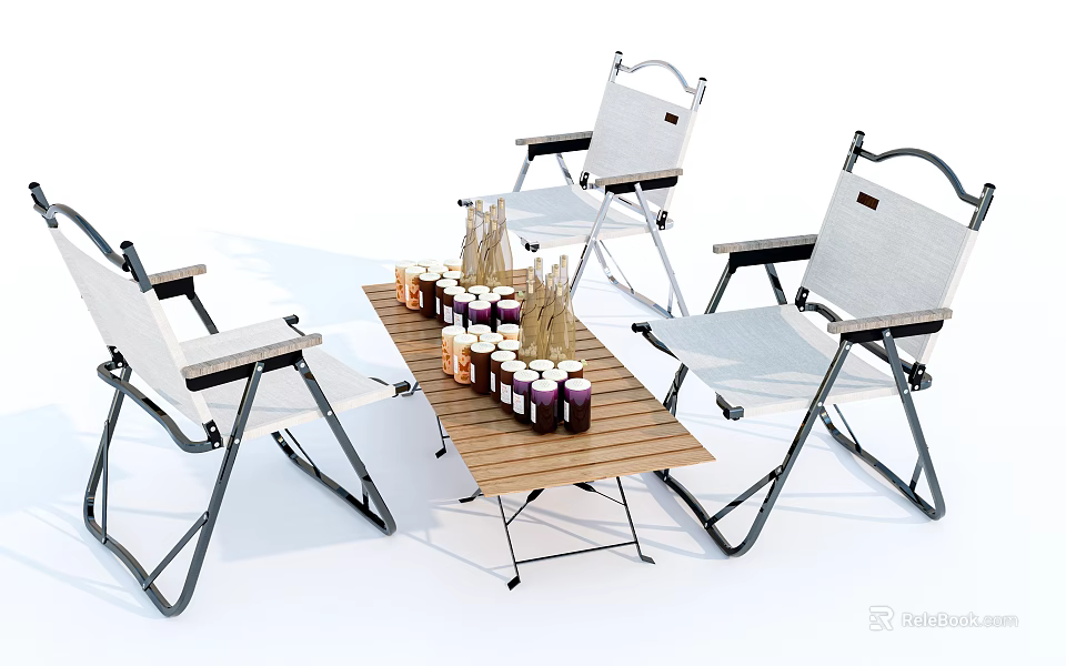 Outdoor Foldable White Chairs With Black Frame Wooden Table And Decorative Plants 3d model 
