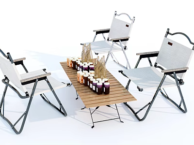 Outdoor Foldable White Chairs With Black Frame Wooden Table And Decorative Plants 3d model