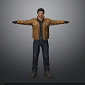 Man Wearing Brown Leather Jacket Dark Jeans Brown Boots With Arms Outstretched Gray Background