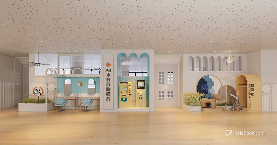 Kindergarten Interior With Little Self-service Bank Arched Design Tables Chairs And Plants 3d model 