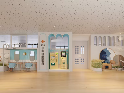 Kindergarten Interior With Little Self-service Bank Arched Design Tables Chairs And Plants 3d model