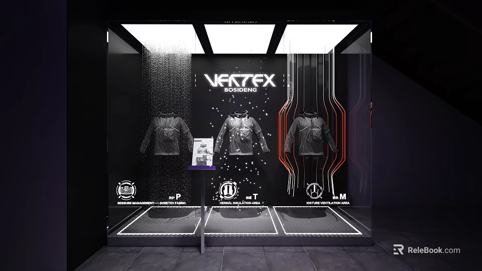 VRTEX Brand Window Display with Three Stylish Jackets and Modern Decorative Lines 3d model