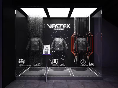 VRTEX Brand Window Display with Three Stylish Jackets and Modern Decorative Lines 3d model