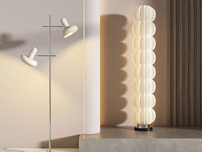 Modern Floor Lamps with Adjustable White Heads and Stacked Circular Shades in Contemporary Interior 3d model