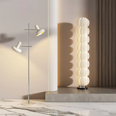 Modern Floor Lamps with Adjustable White Heads and Stacked Circular Shades in Contemporary Interior 3d model
