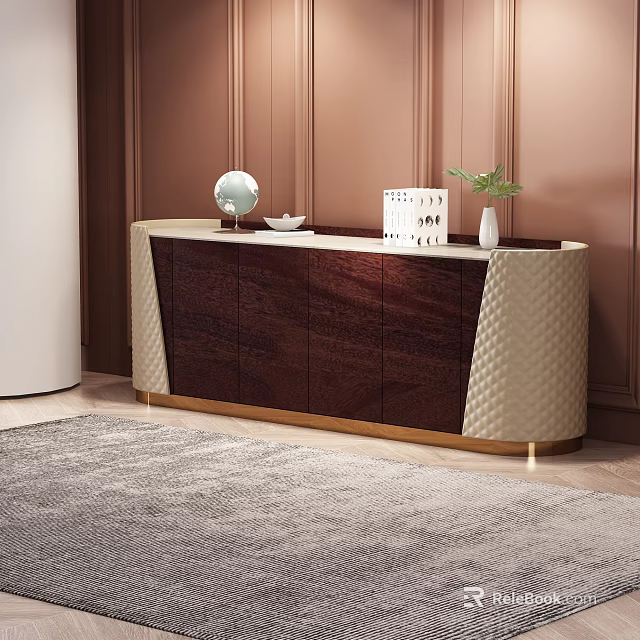 Elegant Modern Console Cabinet With Dark Wood Beige Panel And Decorative Items 3d model 