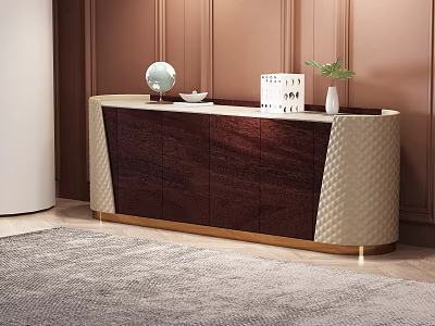Elegant Modern Console Cabinet With Dark Wood Beige Panel And Decorative Items 3d model