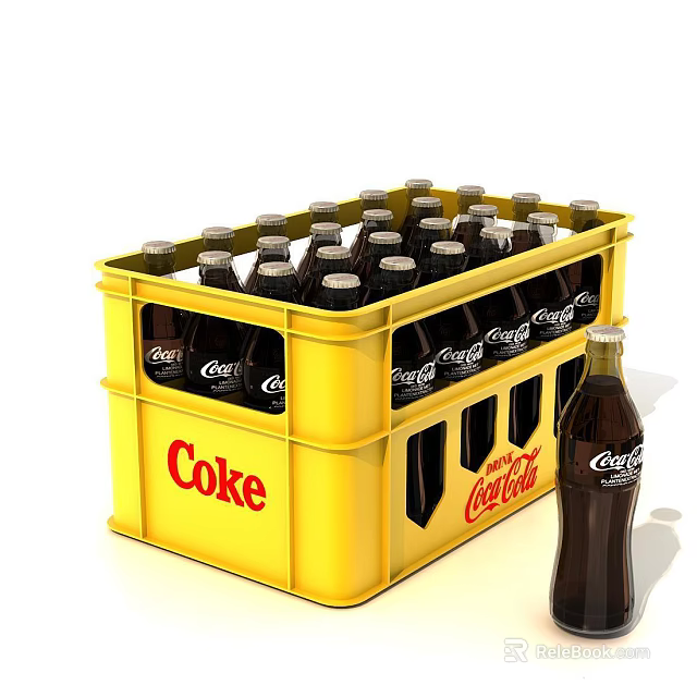 Yellow Coke Crate Filled with Classic Coca-Cola Bottled Refreshing Drinks 3d model 
