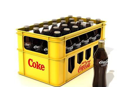 Yellow Coke Crate Filled with Classic Coca-Cola Bottled Refreshing Drinks 3d model