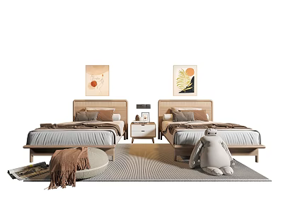 Modern Minimalist Bedroom With Two Single Beds Nightstand And Art 3d model