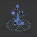 3D Blue Crystal Sculpture With Transparent Ring Structures On Astral Disk Base And Symbols