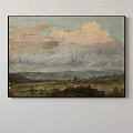 Oil Painting Of Cloudy Sky With Pink Clouds Green Fields And Distant Mountains