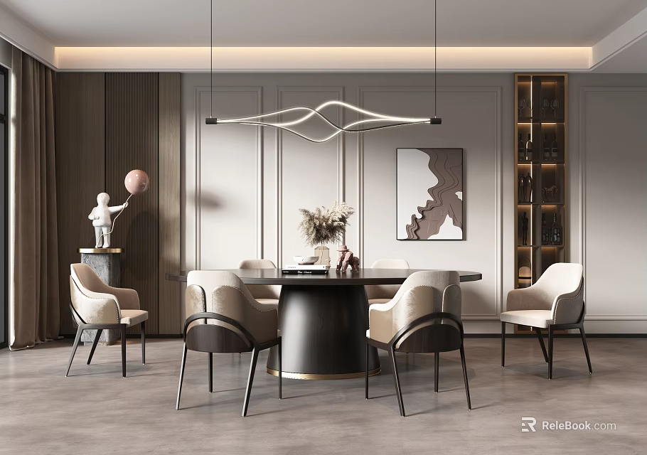 Elegant Modern Restaurant Interior With Round Dining Table Beige Chairs Pendant Light And Decorative Painting 3d model 