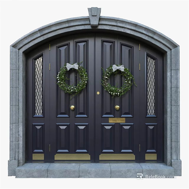 Dark Black Double Swing Door With Golden Handles Lattice Glass Panels And Green Wreaths 3d model 