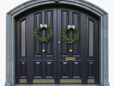 Dark Black Double Swing Door With Golden Handles Lattice Glass Panels And Green Wreaths 3d model