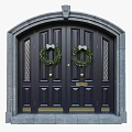 Dark Black Double Swing Door With Golden Handles Lattice Glass Panels And Green Wreaths