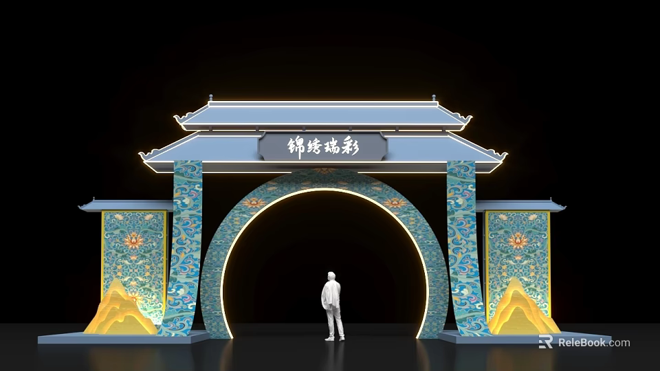 Traditional Architectural Style Event Gateway with Blue Yellow Decorative Patterns Lighting Han Pei Zhucai 3d model 