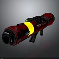 Red Rocket Propulsion Unit With Yellow Stripe On Black Support Stand For Space Missions
