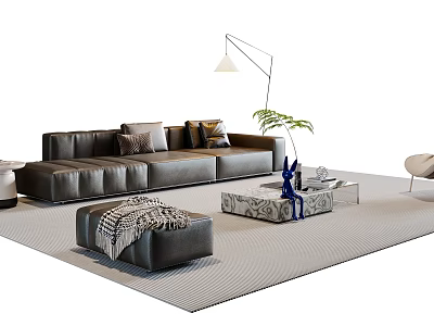 Modern Sofa and Coffee Table Set with Dark Leather Throw Pillows Ottoman Floor Lamp 3d model