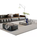 Modern Sofa and Coffee Table Set with Dark Leather Throw Pillows Ottoman Floor Lamp