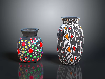 Colorful Flowers in Decorative Vases with Colorful Dots and Geometric Patterns 3d model