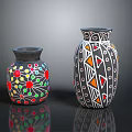 Colorful Flowers in Decorative Vases with Colorful Dots and Geometric Patterns