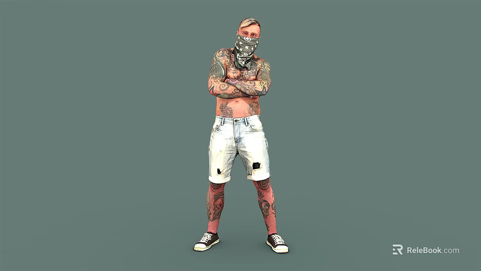 Shirtless Man with Tattoos and Bandana in White Distressed Denim Shorts Standing with Arms Crossed 3d model 