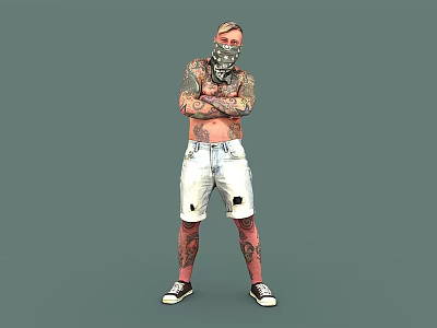 Shirtless Man with Tattoos and Bandana in White Distressed Denim Shorts Standing with Arms Crossed 3d model