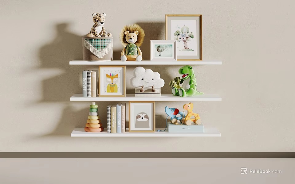 White Floating Shelf With Stuffed Animals Photo Frames Books Cloud Decor And Colorful Blocks 3d model 