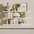 White Floating Shelf With Stuffed Animals Photo Frames Books Cloud Decor And Colorful Blocks