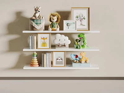 White Floating Shelf With Stuffed Animals Photo Frames Books Cloud Decor And Colorful Blocks 3d model