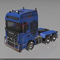 Blue Scania Heavy Duty Truck Featuring Stylish Emblem Six Wheels And Reflective Surface