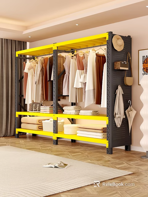 Yellow And Black Storage Rack With Hanging Clothes Folded Towels Side Hooks For Handbags Umbrellas 3d model 