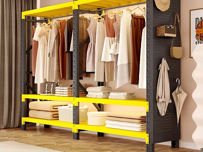 Yellow And Black Storage Rack With Hanging Clothes Folded Towels Side Hooks For Handbags Umbrellas 3d model