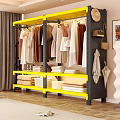 Yellow And Black Storage Rack With Hanging Clothes Folded Towels Side Hooks For Handbags Umbrellas