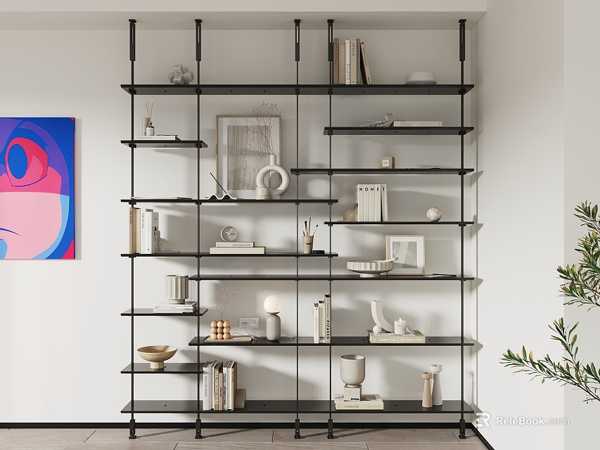 Modern Open Shelf Bookshelf With Books Decorative Items Art Painting And Indoor Plant 3d model 