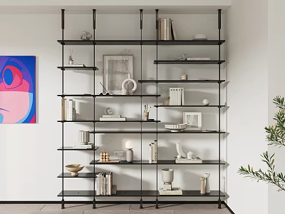 Modern Open Shelf Bookshelf With Books Decorative Items Art Painting And Indoor Plant 3d model