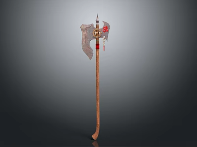 Medieval Battle Axe With Wooden Handle And Decorative Metal Blade Red Accents 3d model