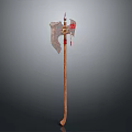 Medieval Battle Axe With Wooden Handle And Decorative Metal Blade Red Accents