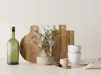 Kitchen Utensils Setup With Wooden Cutting Boards White Cups Plates Green Bottle And Small Plant 3d model