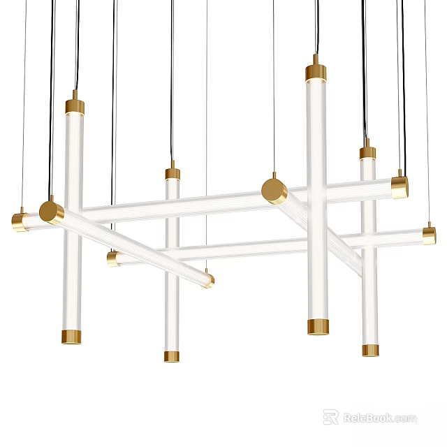 Modern Contemporary Chandelier with White Tubes Gold Accents and Crossed Structure 3d model 