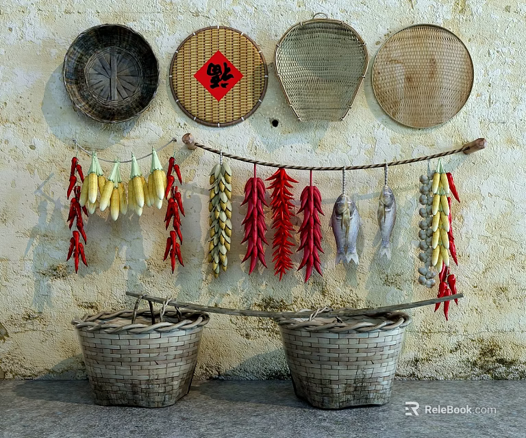 Rustic Garden Decor With Woven Plates Hanging Corn Chili Fish And Baskets On Vintage Wall 3d model 